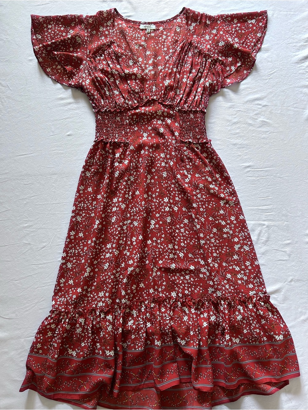 Max Studio Red Floral Smocked Waist Midi Dress M Flutter Sleeve Boho